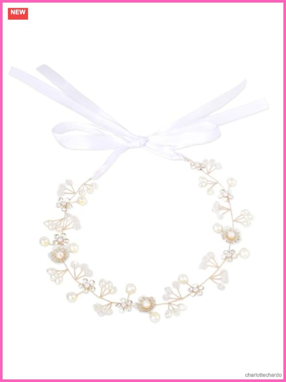 Pearl Rhinestone Flower Hair Vine with Satin Ribbon Bridal Accessory